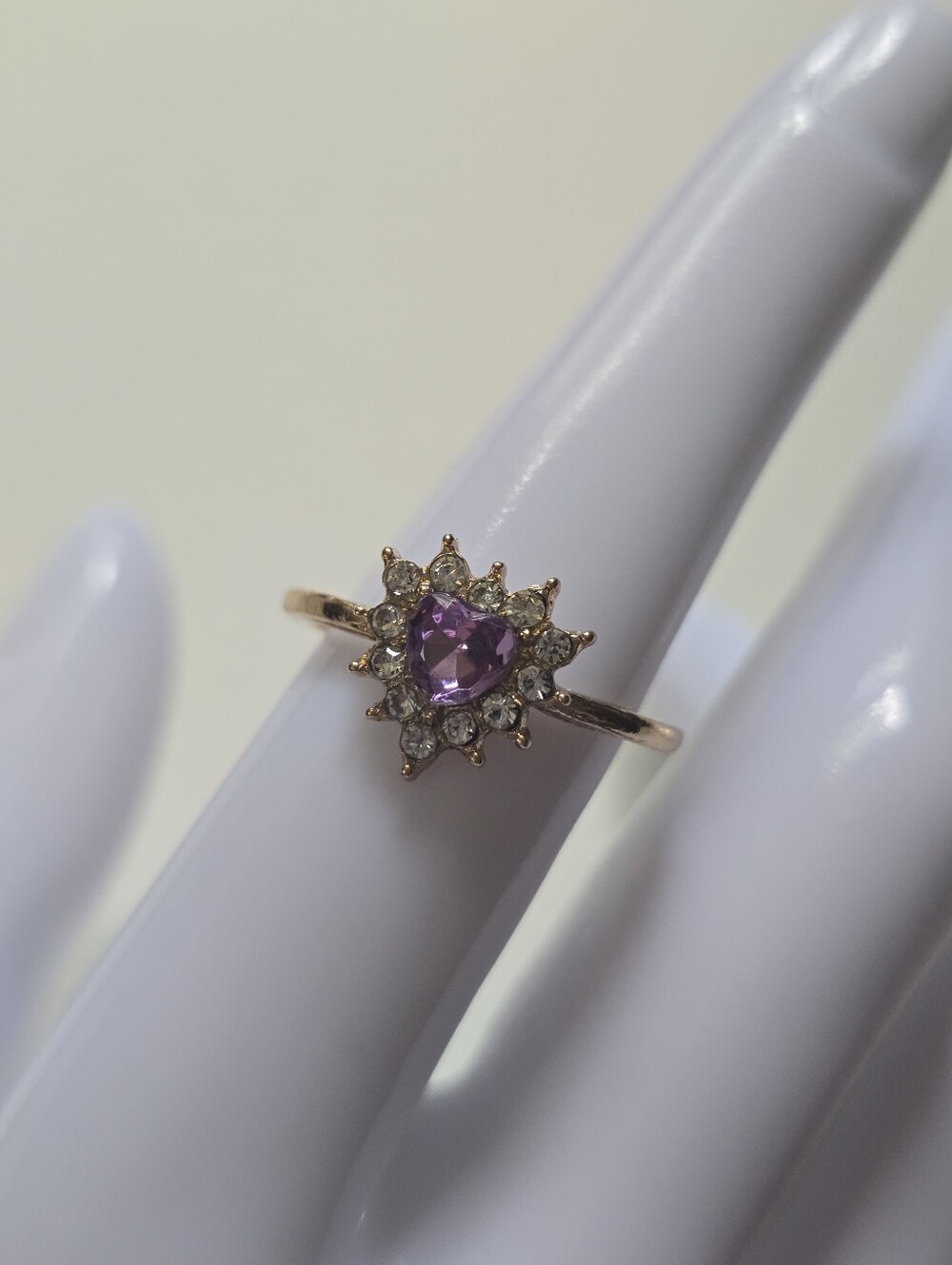 Gold Purple Heart Halo Ring with Diamond Accent Size 7.5